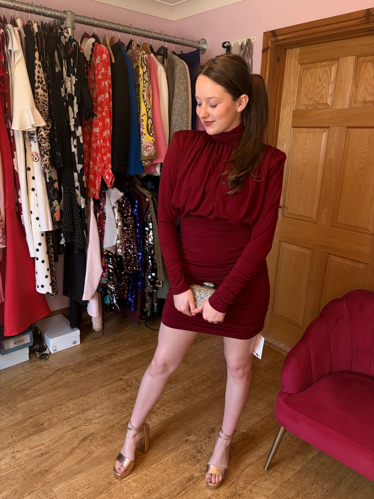 Ruched and Ready high neck padded shoulder drape detail  mini dress  — photo 1 of 8