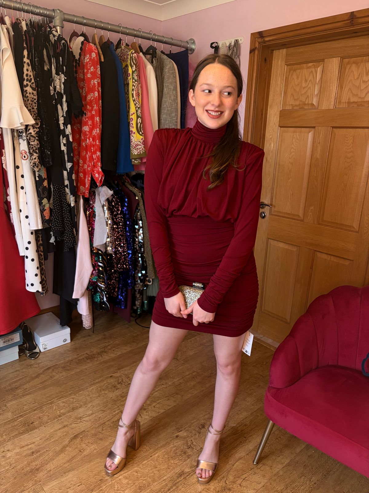 Ruched and Ready high neck padded shoulder drape detail  mini dress  — photo 2 of 8