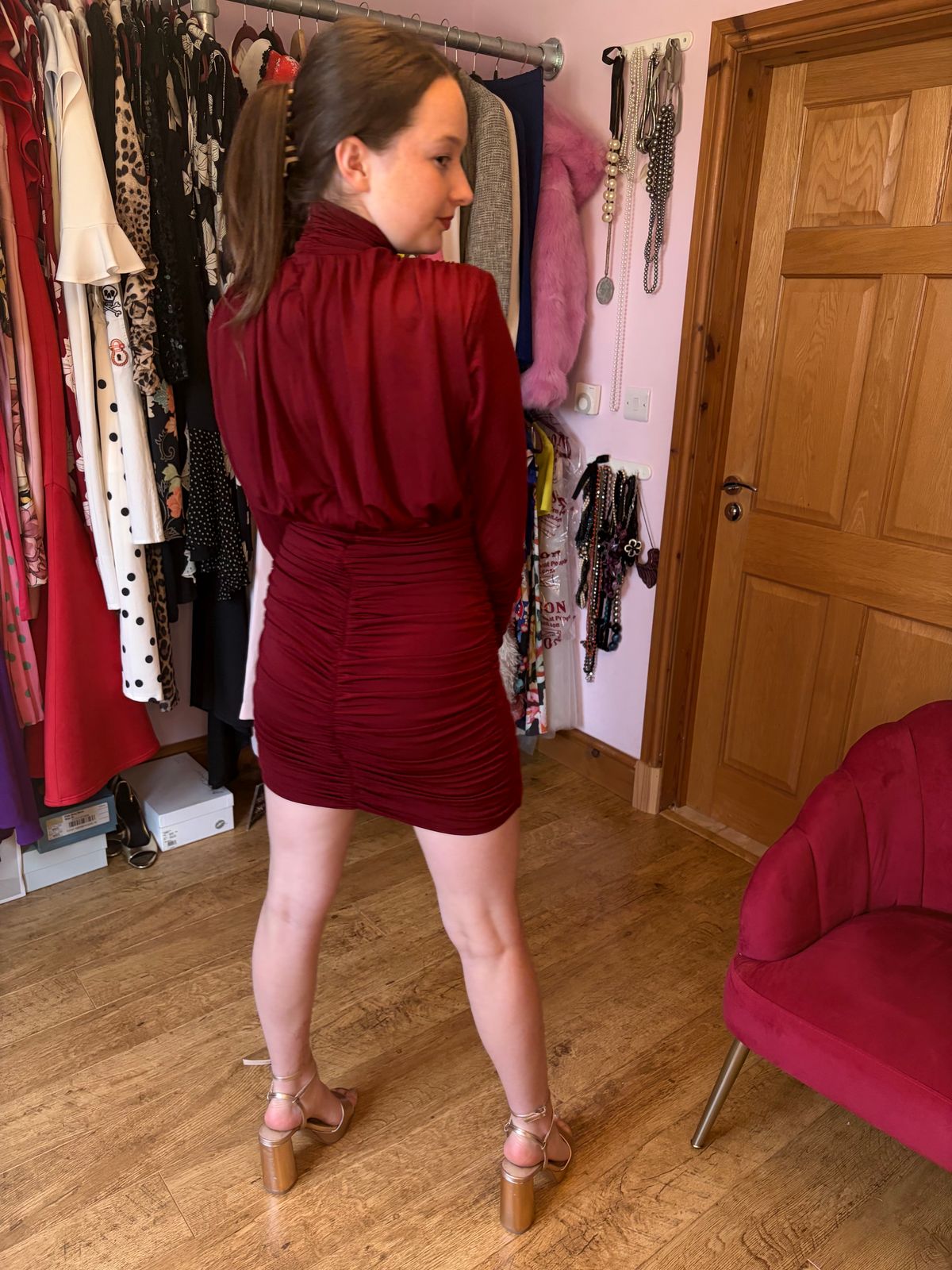 Ruched and Ready high neck padded shoulder drape detail  mini dress  — photo 4 of 8