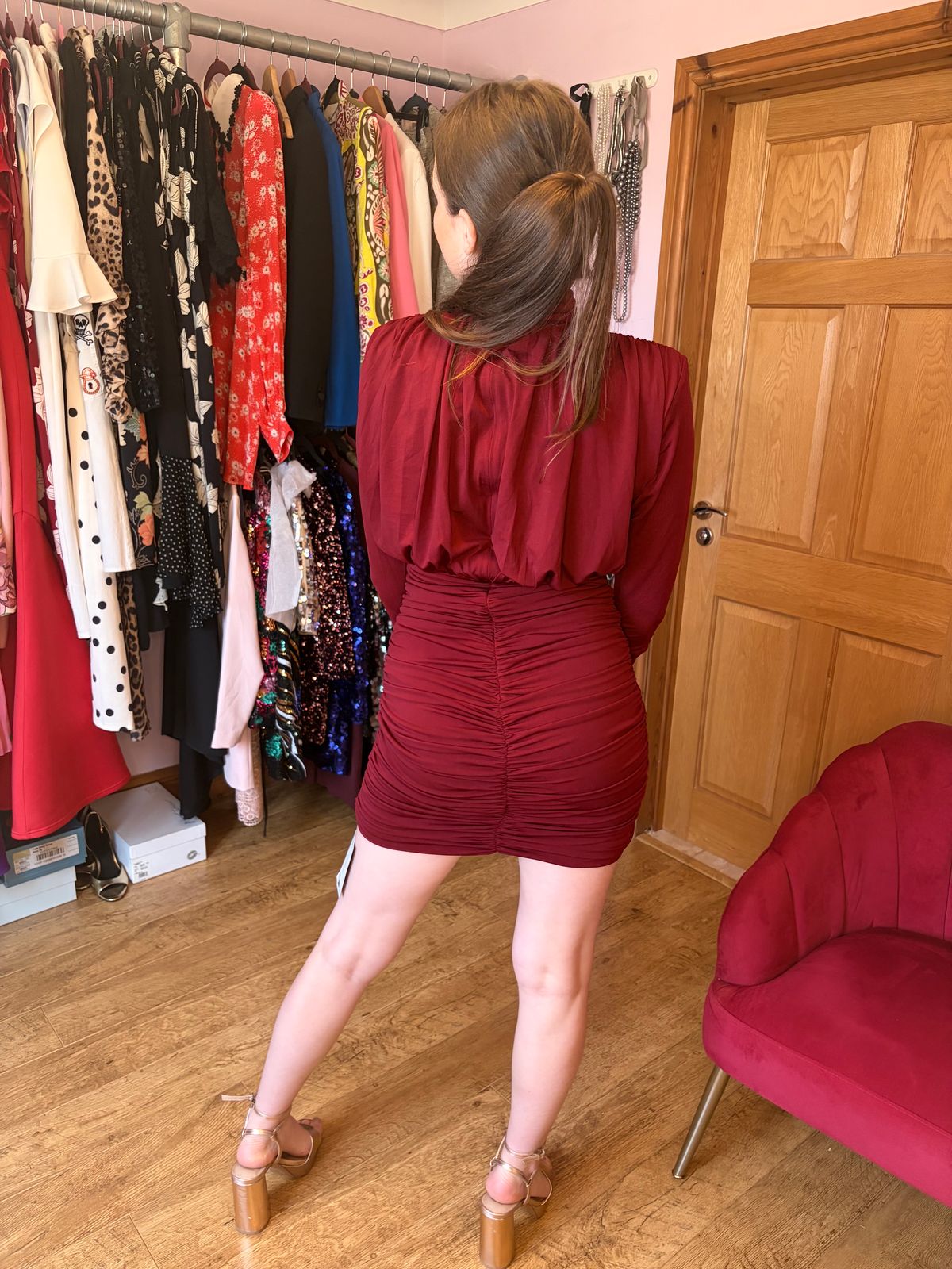 Ruched and Ready high neck padded shoulder drape detail  mini dress  — photo 7 of 8